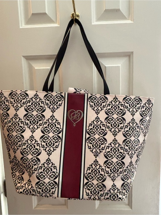 Brighton Handbags - Brighton Cream & Black Patterned Tote Bag with Burgundy Stripe